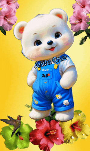 a teddy bear wearing blue overalls is surrounded by pink and yellow flowers