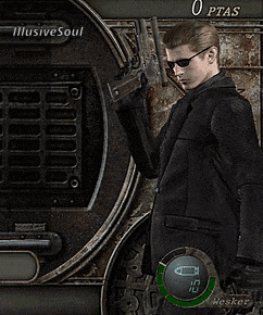 a man in a suit is holding a gun in front of a screen that says 0 ptas