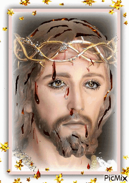 a picture of jesus with a crown of thorns on his head has the word picmix on the bottom