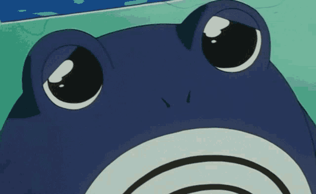 a close up of a blue frog 's face