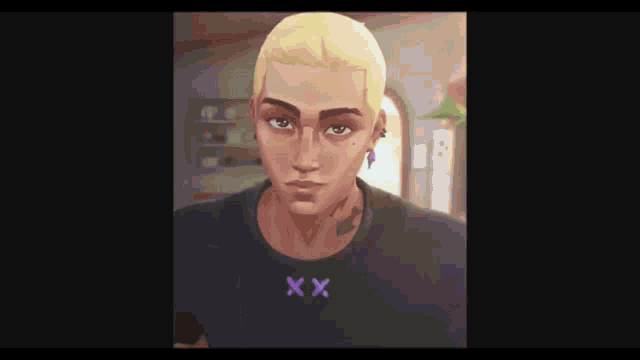 a man with blonde hair is wearing a black shirt with purple x 's on it