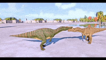 two dinosaurs are standing next to each other on a concrete surface