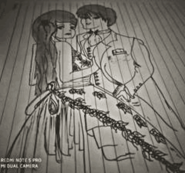 a drawing of a bride and groom holding hands on a wooden floor .