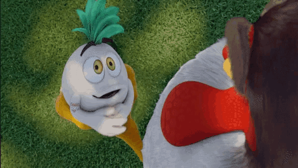 a cartoon character with a pineapple on his head standing next to a chicken