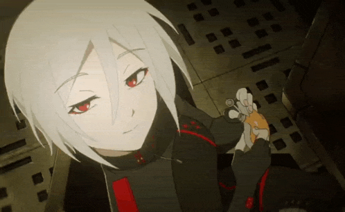 a girl with white hair and red eyes is holding a key