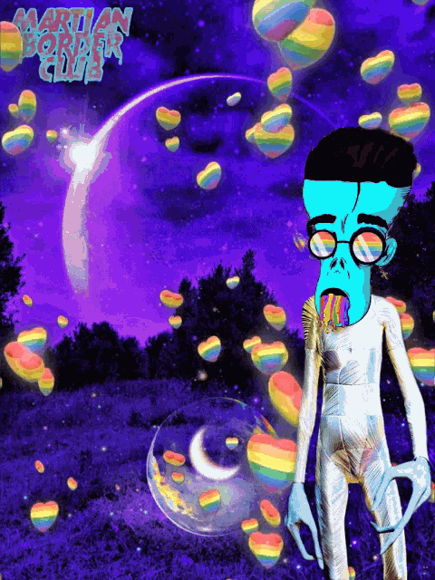 a poster for martian border club shows a blue alien surrounded by rainbow hearts