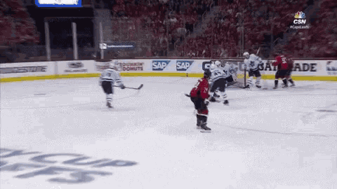 a hockey game is being played in a stadium sponsored by sap