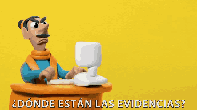 a cartoon character is sitting at a desk looking at a computer screen with the words " donde estan las evidencias " below him