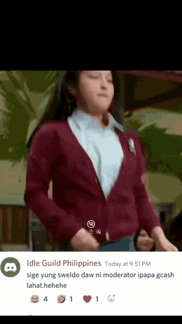 a girl in a school uniform is dancing in a video posted on idle guild philippines today at 9:51 pm