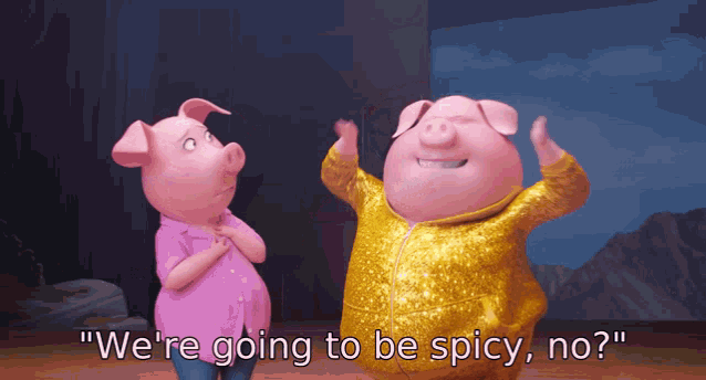 two pigs are standing next to each other and one of them says " we 're going to be spicy, no "