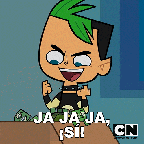 a cartoon character with green hair is sitting at a table with money and says ja ja ja si