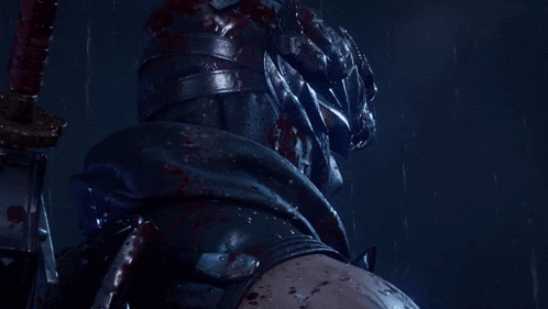 a close up of a ninja with blood on his face holding a sword