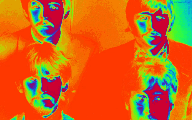 a psychedelic painting of the beatles with a rainbow of colors