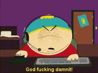 a cartoon character says god fucking dammit while using a keyboard