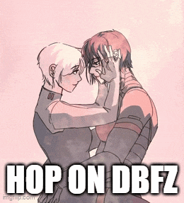 a drawing of a man and a woman hugging with the caption hop on dbfz