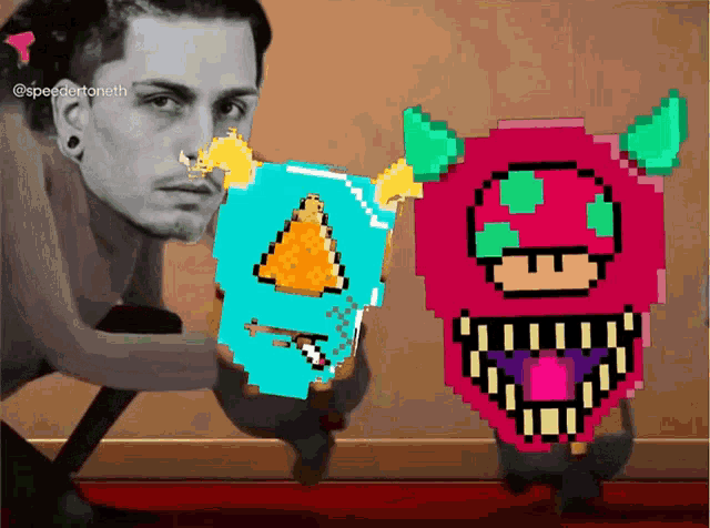 a pixel art drawing of a man and a monster with the name @speedertoneth