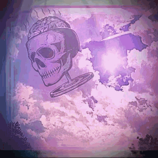 a skull with a brain on top of it is flying through the air