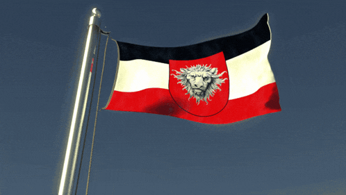 a red white and black flag with a lion on the shield