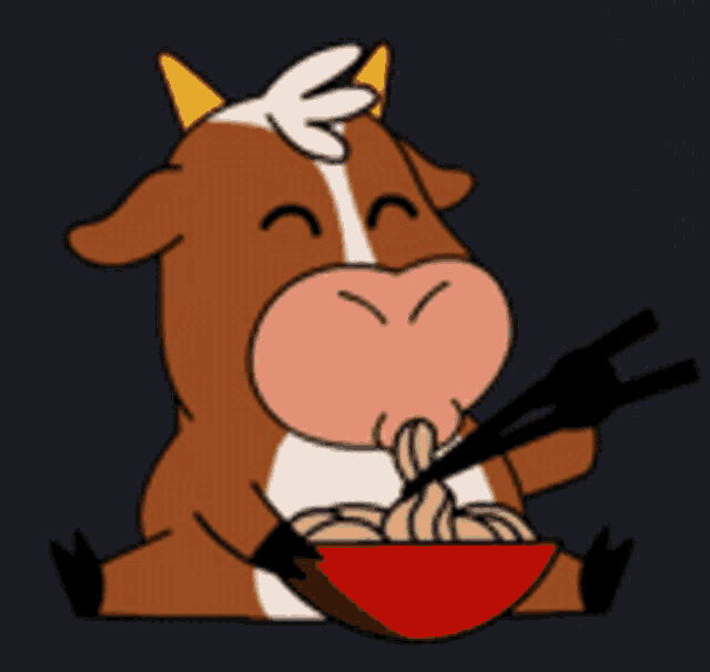 a cartoon cow eating noodles with chopsticks and giving the middle finger