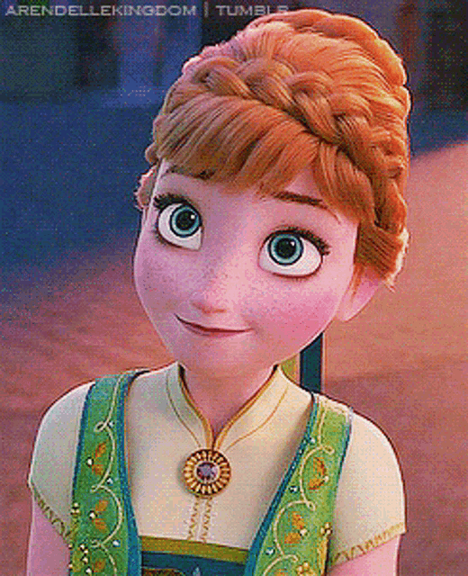 a close up of anna from frozen wearing a green vest and necklace