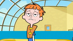 a cartoon of a boy wearing a life vest standing next to a shark