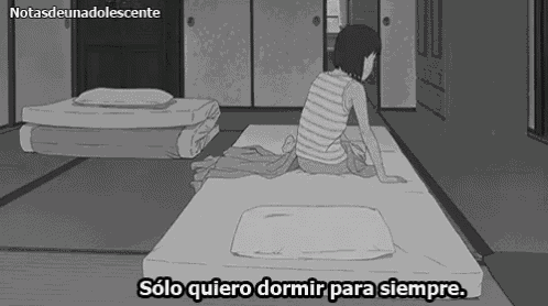 a black and white drawing of a girl sitting on a bed with the words solo quiero dormir para siempre below her