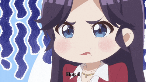 a girl with purple hair and blue eyes says hmph in a cartoon