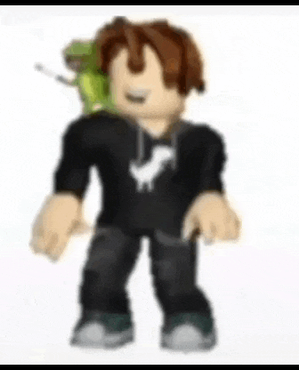 a roblox character with a green lizard on his shoulder .