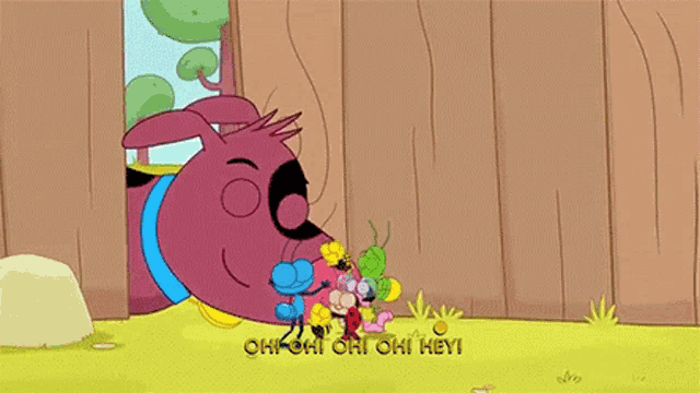 a cartoon dog is standing in front of a wooden fence with a sign that says oh oh oh