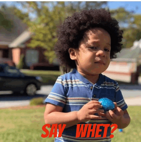 a little boy is holding a blue ball with the words say whet written on it