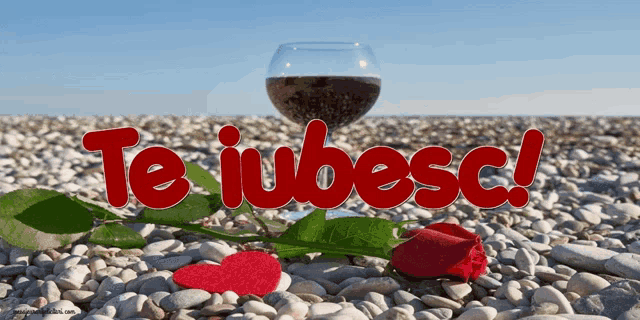 a red rose and a glass of wine with the words te iubesc