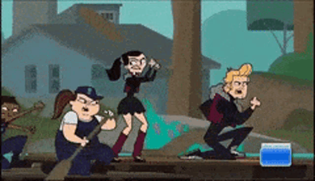 a group of cartoon characters including a boy and a girl standing on a bridge