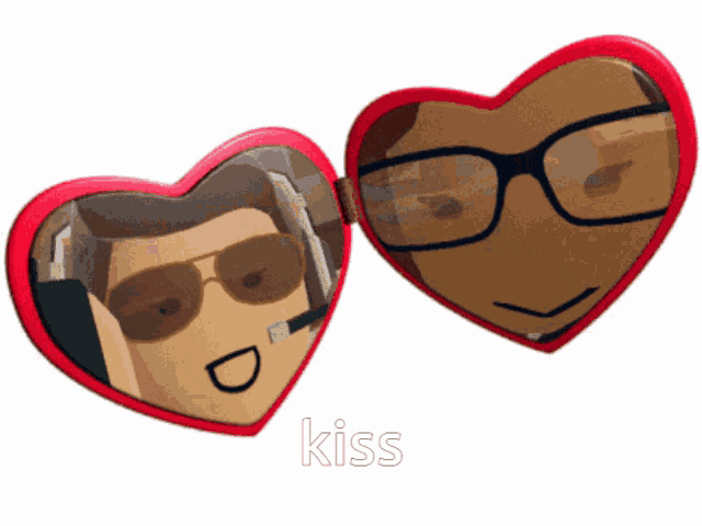 a pair of heart shaped sunglasses with the word kiss on the bottom right