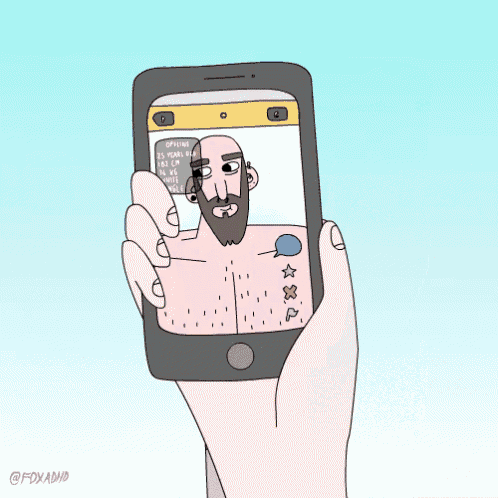 a cartoon of a man taking a picture of another man with a phone that says ' selfie ' on it