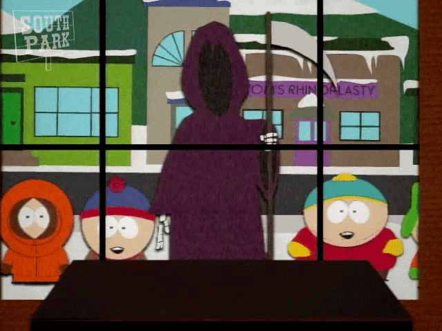 a south park cartoon shows a grim reaper standing in front of a store called joe 's rhinoplasty