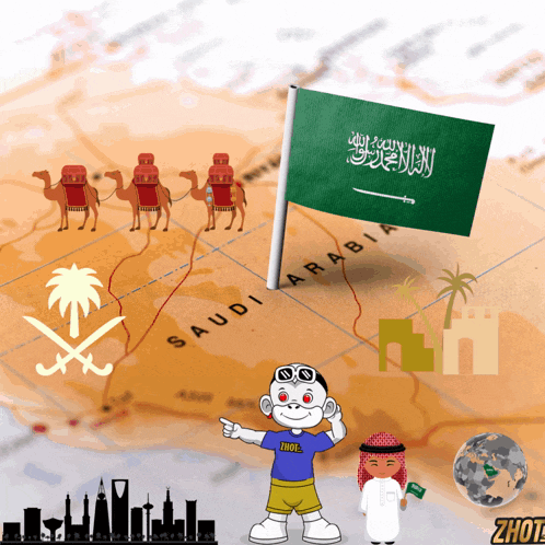 a map of saudi arabia with a cartoon character pointing at it