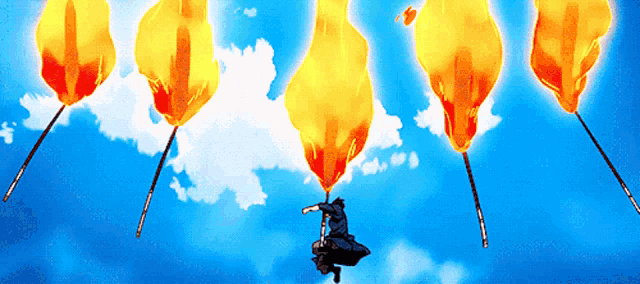 a person is flying through the air with a bunch of flames coming out of them