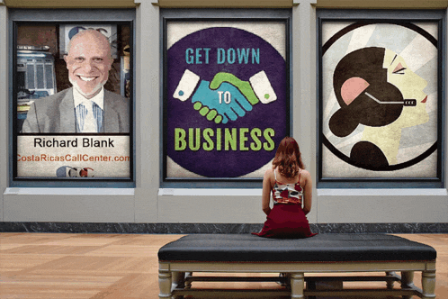 a woman sits on a bench in front of three posters one of which says " get down to business "