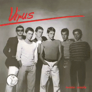 a group of young men standing next to each other with the word virus in red letters