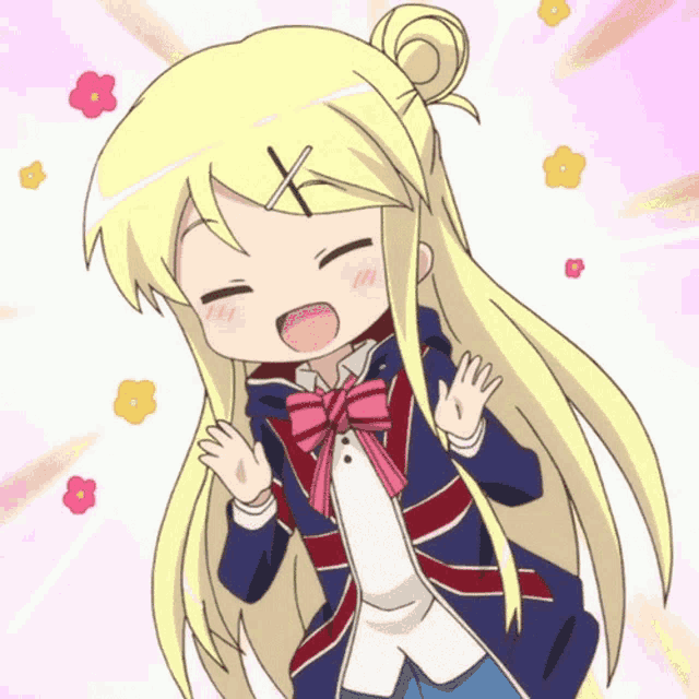 a cartoon girl with blonde hair and a pink bow on her neck