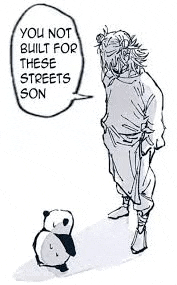 a man and a panda are standing next to each other and talking .
