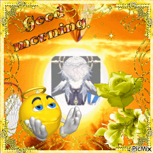 a good morning card with a smiley face and a picture of an angel