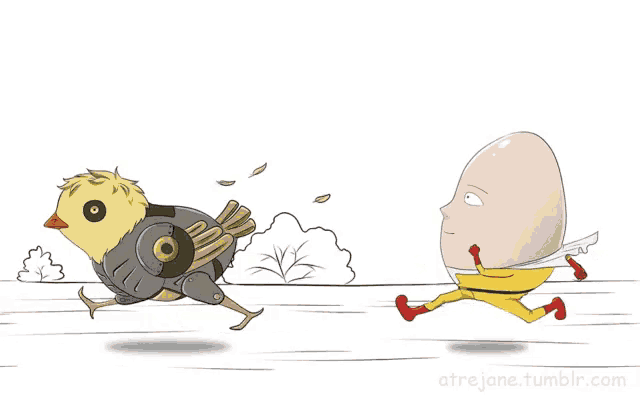a cartoon of a chicken and an egg running across a road