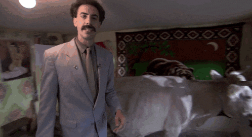 a man in a suit and tie is standing in front of a rug