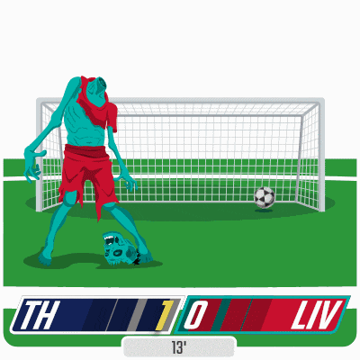a cartoon of a zombie kicking a soccer ball with the score of 1-0 liv