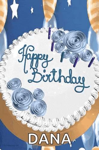 a birthday cake with blue frosting and candles and the name dana on it