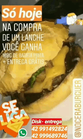 a picture of a hamburger with the words so hoje na compra de um lanche voce ganha