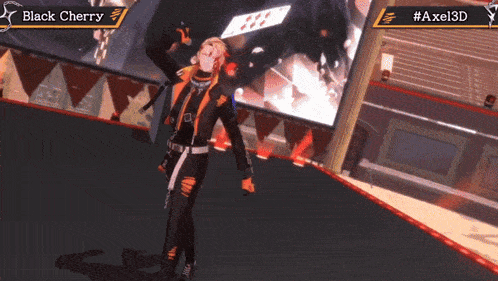 a video game character named black cherry is dancing