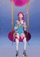 a woman is sitting on a pink swing with her legs up in the air