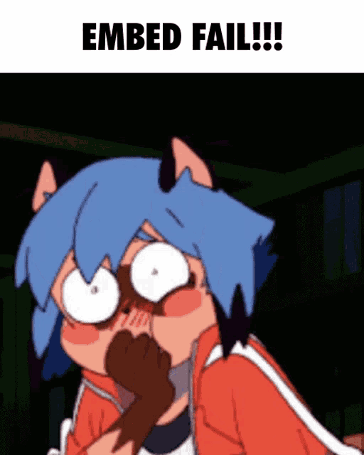a cartoon of a girl with blue hair covering her mouth with her hand and the words " embed fail " above her
